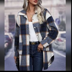 Womens Large Comfy Plaid Flap Pocket Drop Shoulder Coat